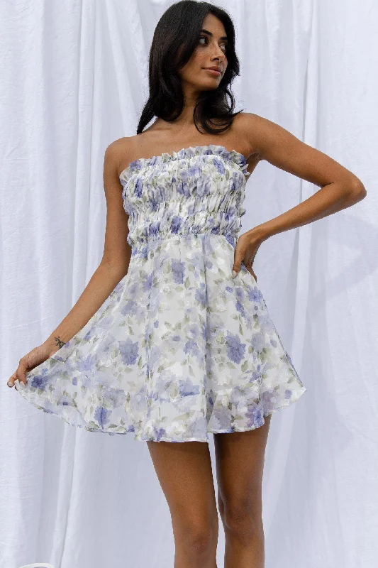 5 O'Clock Somewhere Shirred Bust Mini Dress Floral Blue Fashionable A-Line Mini Dress