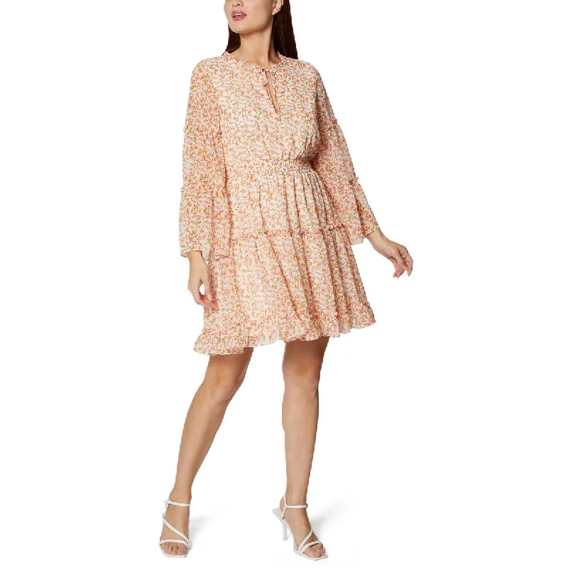 BCBGeneration Women's Ruffled Floral Print 3/4 Sleeve Mini Dress Trendy Button-Detail Mini Dress