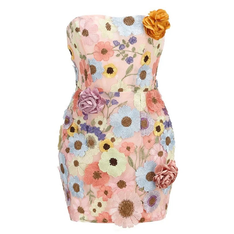 Blooming Floral Embroidered Strapless Lace Up Back Mesh Rosette Mini Dress Casual High-Waist Mini Dress