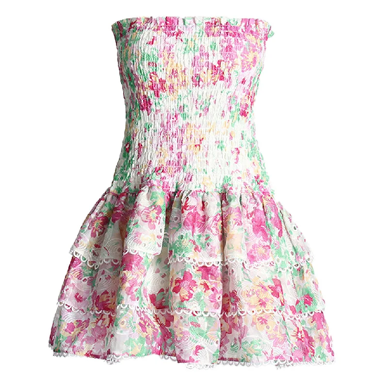 Boho Floral Embroidery Strapless Printed Smocked Tiered Ruffled Mini Dress Stylish Button-Down Mini Dress