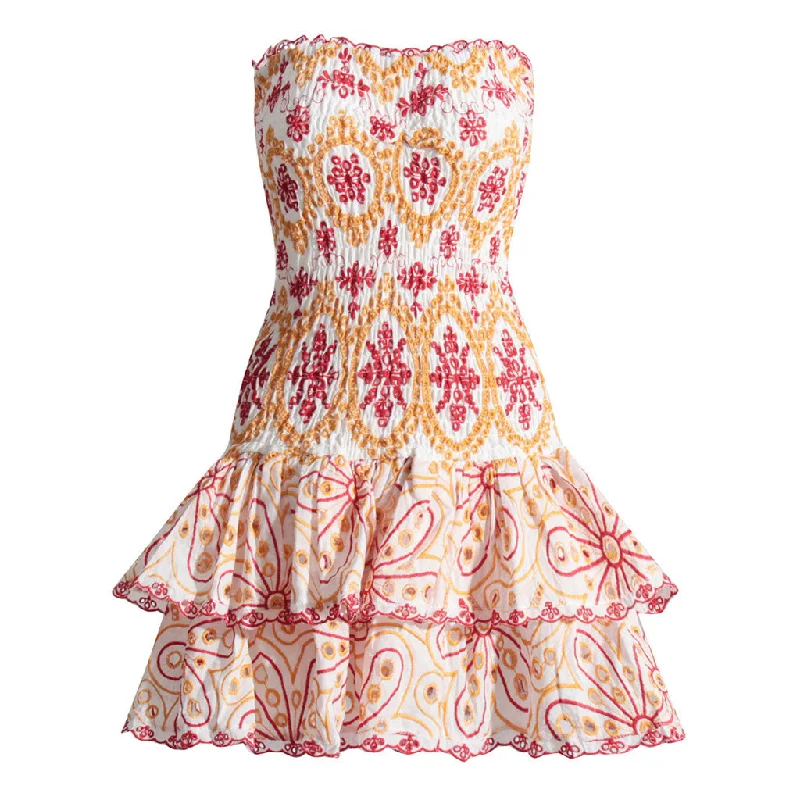 Boho Floral Strapless Smocked Broderie Anglaise Tiered Ruffled Mini Dress Comfortable One-Shoulder Mini Dress