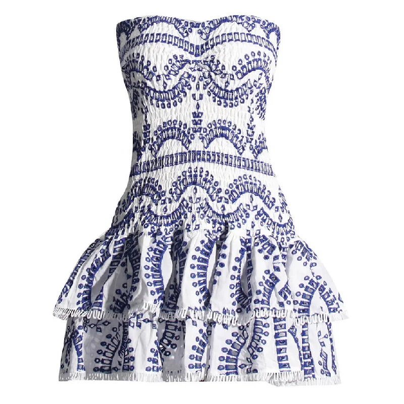 Boho Strapless Smocked Broderie Anglaise Tiered Ruffled Vacation Mini Dress Trendy Cut-Out Mini Dress