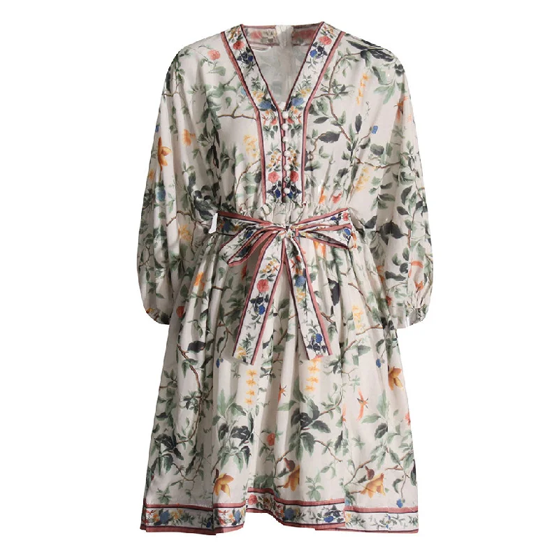 Boho Style V Neck Blouson Sleeve High Waist Belted Floral Print Mini Dress Chic Halter Mini Dress