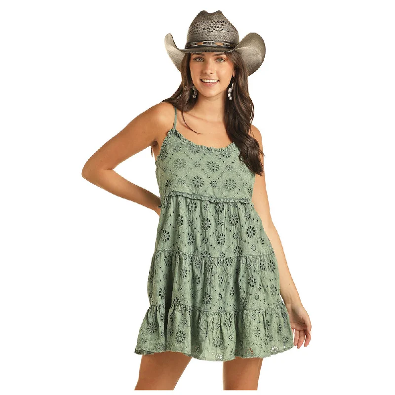 BWD0R03868 Rock & Roll Women's Eyelet Mini Dress - Jade Fashionable Off-Shoulder Mini Dress