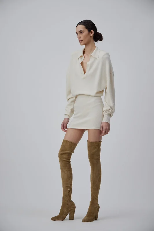 CASHMERE POLO-SHIRT OVERSIZE MINI DRESS IN TOFU Cozy Sweater Mini Dress