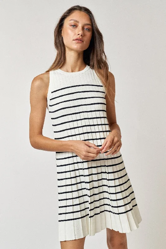 Cream Striped Sleeveless Pleated Mini Dress Chic Bohemian Mini Dress