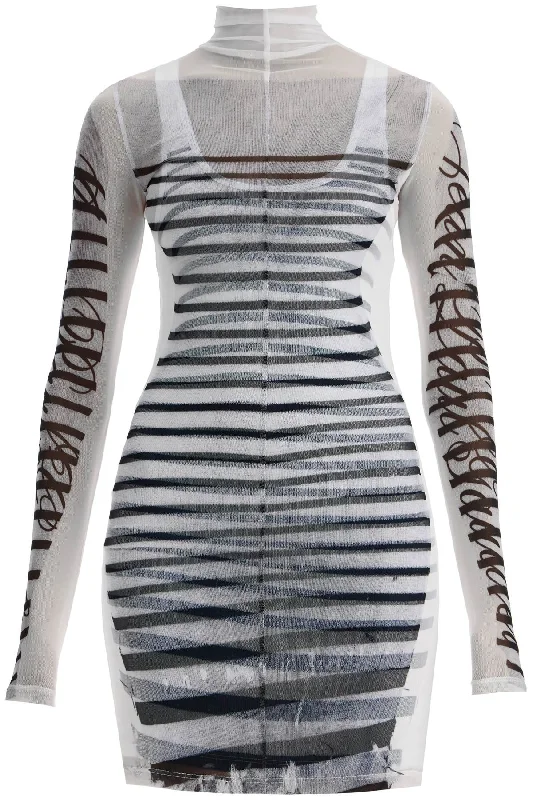 double layer mini dress with marinière print RO266 J559 WHITE/NAVY/BLACK Comfortable Casual Mini Dress