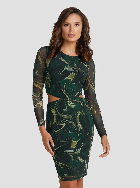 Eco Marble Green Print Lainey Mini Dress. Elegant Velvet Mini Dress