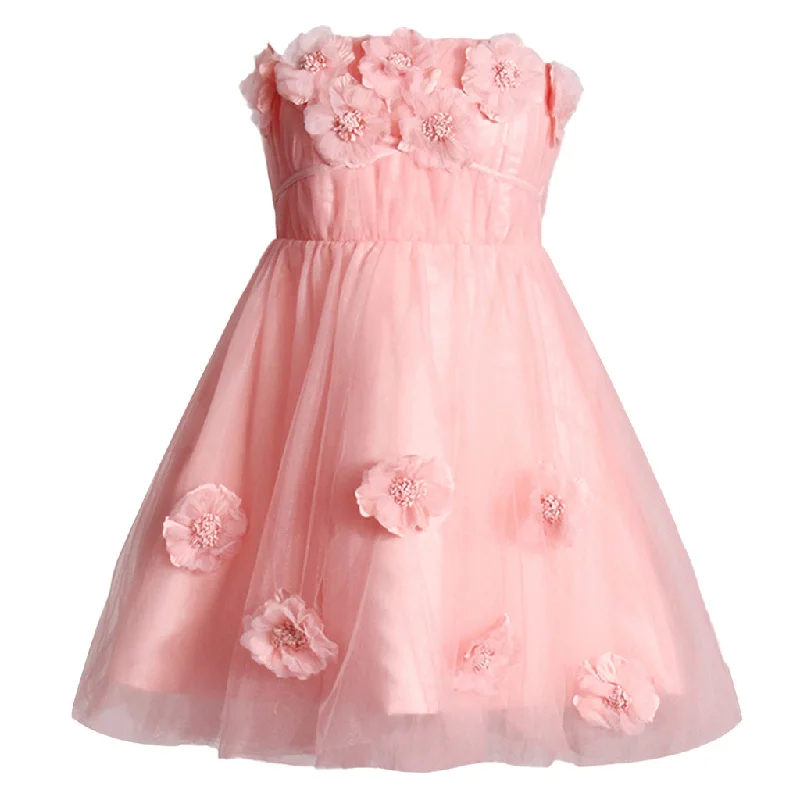 Fairytale Bloom Rosette Applique Pleated Strapless Bow Tie Tulle Mini Dress Trendy Floral Mini Dress