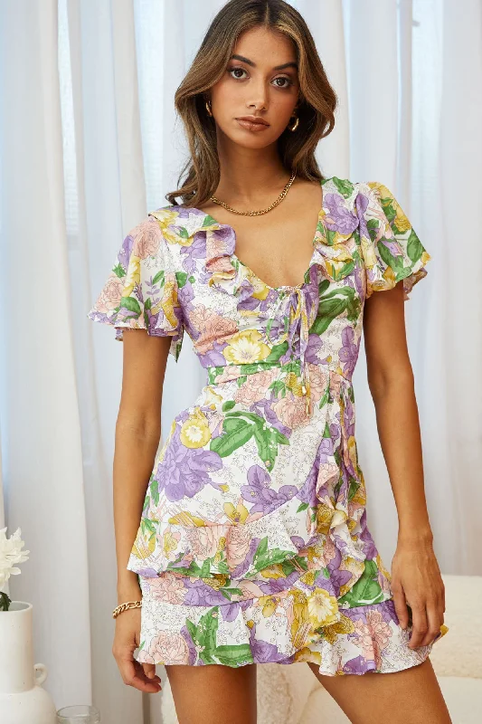 Kalina Ruffle Neckline Flutter Sleeve Mini Dress Floral Print Purple Trendy Floral Mini Dress