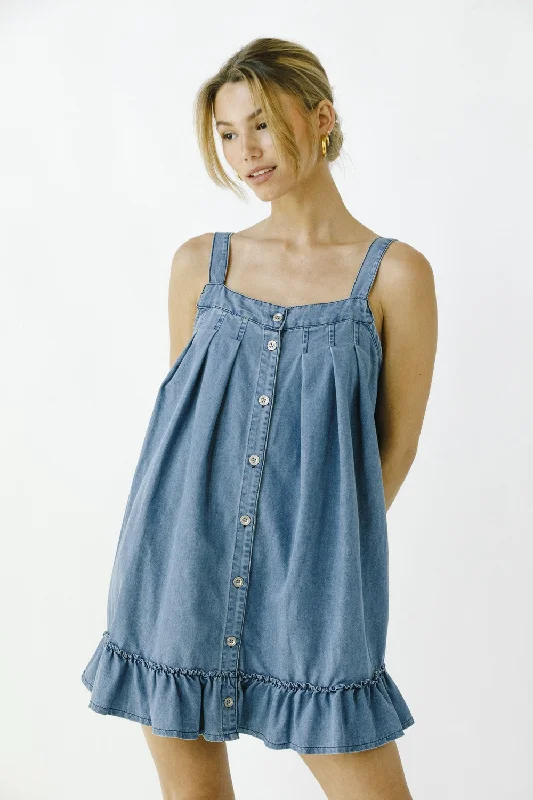 Light Denim Ruffled Swing Mini Dress Fashionable Mini Dress with Pockets