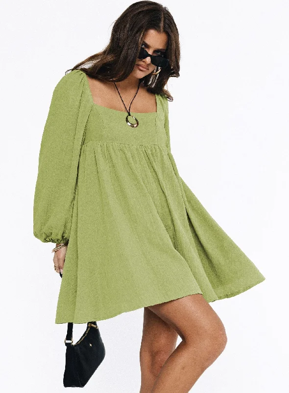 Lorna Long Sleeve Mini Dress Sage Stylish Sweetheart Neck Mini Dress