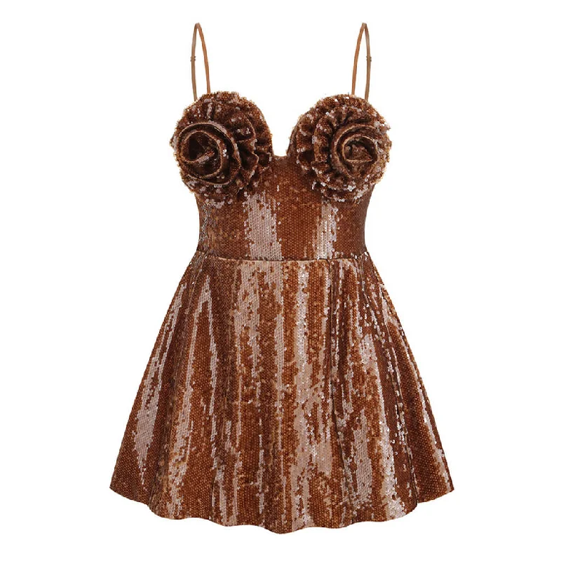 Luxurious Spaghetti Strap Swirl Rosette Bustier Lace Up Sequin Mini Dress Cozy Ruched Mini Dress