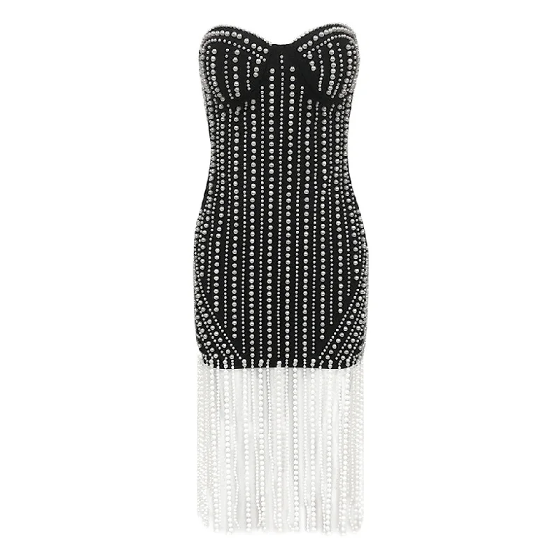 Luxury Strapless Bustier Bodycon Bandage Imitated Pearl Fringe Mini Dress Comfortable Polka Dot Mini Dress