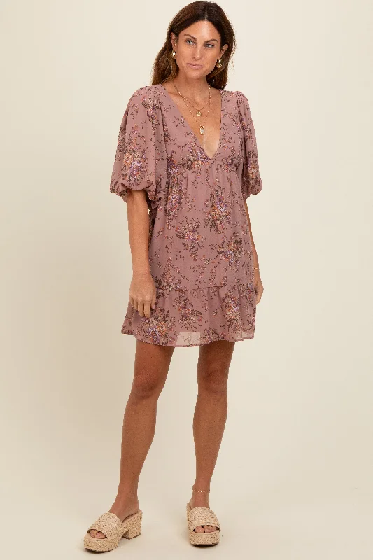 Mauve Deep V-Neck Tie Back Floral Mini Dress Stylish Short-Sleeve Mini Dress