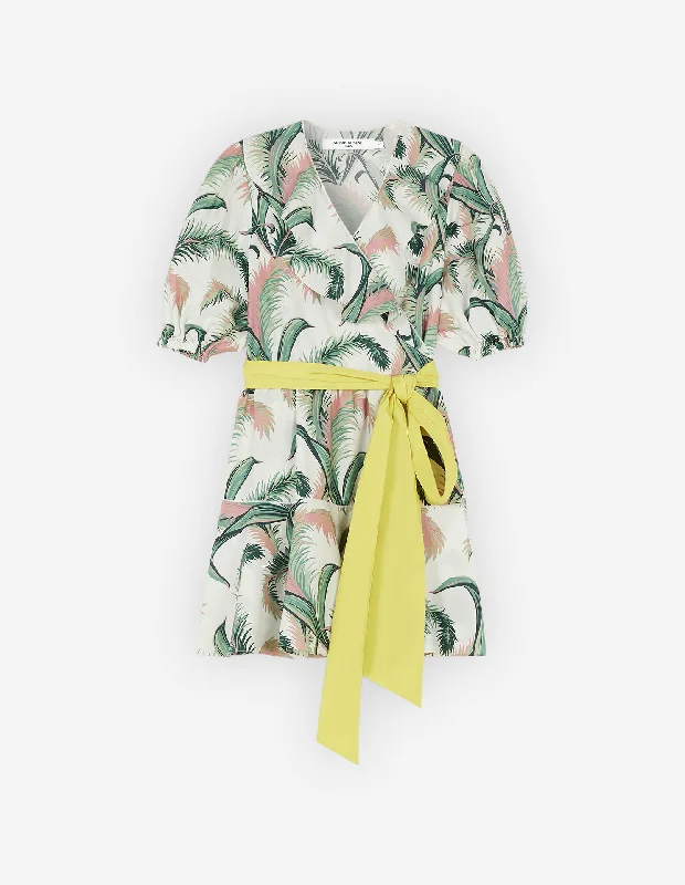 Palm Frond Print Wrap Mini Dress Multico Design Casual V-Neck Mini Dress