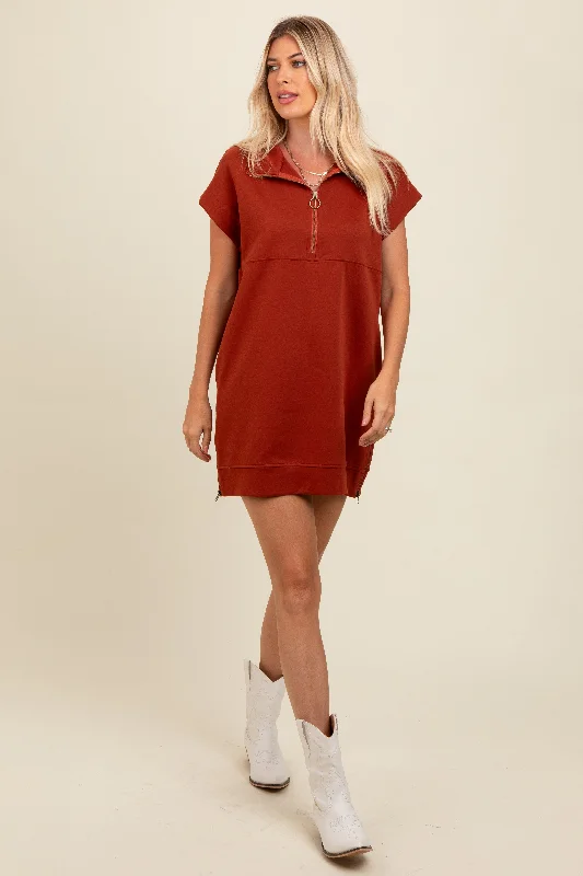 Rust Knit Half Zip Mini Dress Casual V-Neck Mini Dress