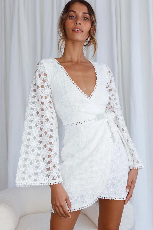 Santa Cruz Bell Sleeve Embroidered Wrap Mini Dress White Comfortable Shift Mini Dress