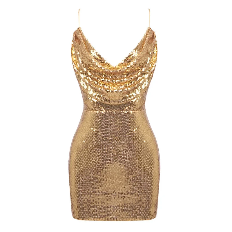 Sexy Cowl Neck Spaghetti Strap Open Back Bodycon Sequin Micro Mini Dress Stylish Short Sleeve Mini Dress