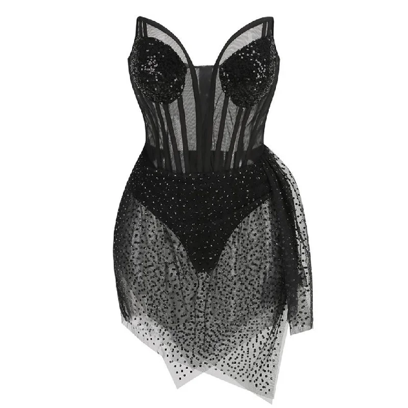 Sexy Sheer Mesh Sequin Rhinestone Sweetheart Corset Bustier Strapless Mini Dress Comfortable Casual Mini Dress