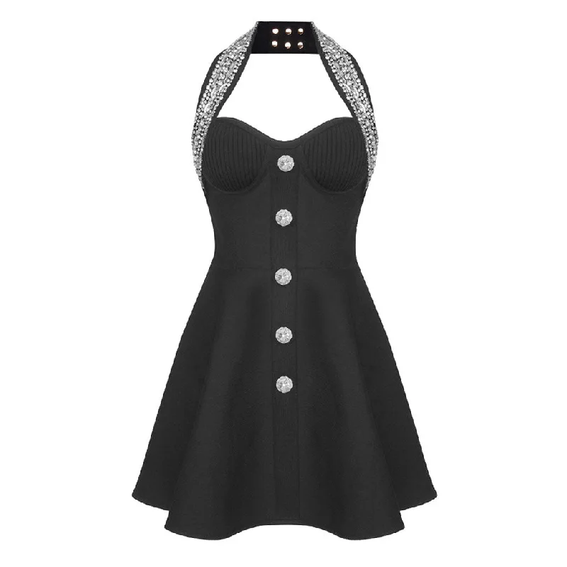 Shiny Crystal Buttoned Halter Bustier Sleeveless Bandage Skater Mini Dress Casual V-Neck Mini Dress