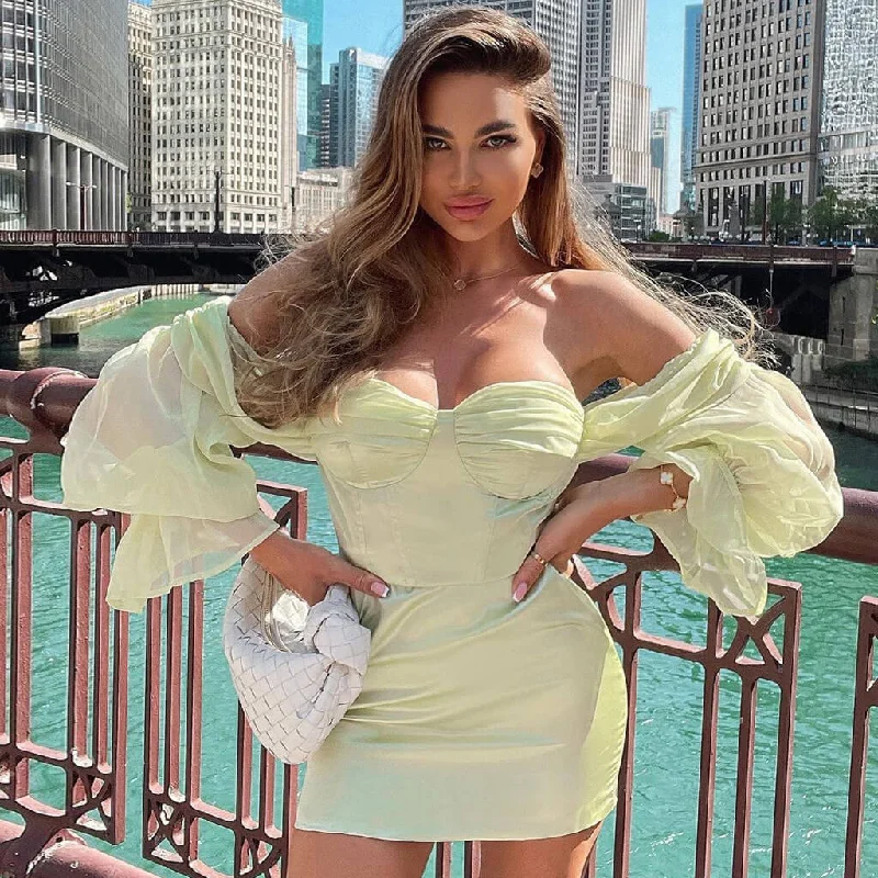 Silky Satin Off Shoulder Mesh Sleeve Bustier Corset Mini Dress - Sage Green Comfortable Linen Mini Dress