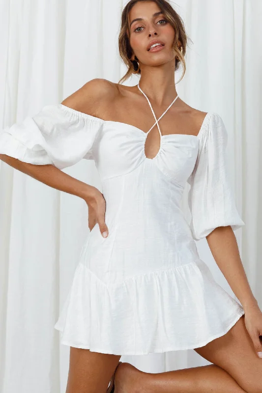 Summertime String-Tie Halterneck Puff Sleeve Mini Dress White Comfortable Boho Mini Dress