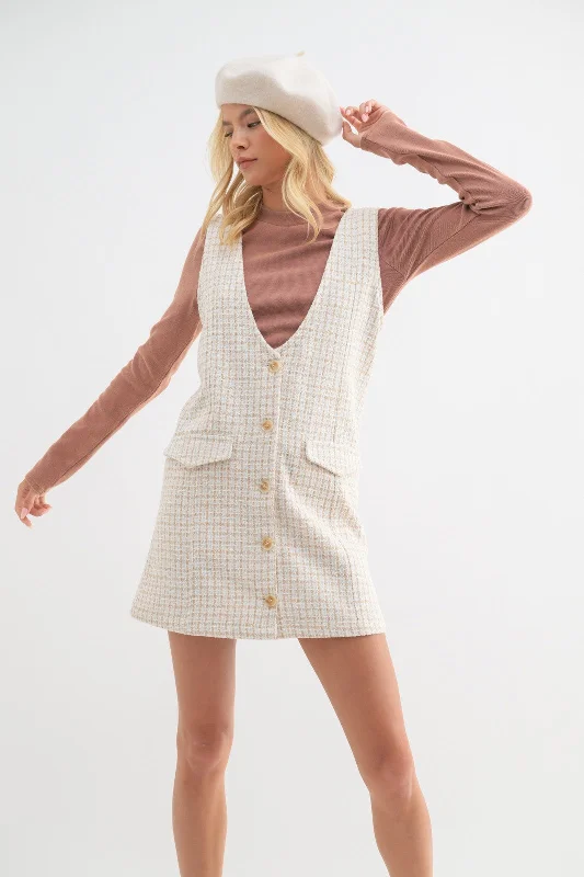 Taupe Cream Tweed Button-Up Mini Dress Fashionable Off-Shoulder Mini Dress