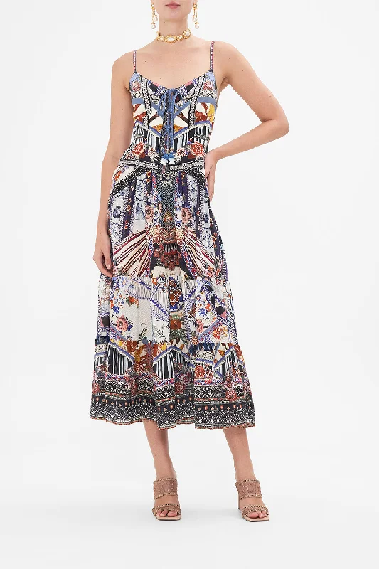 TIERED LACE UP MIDI DRESS MY FOLK ART HEART Stylish Silk Midi Dress