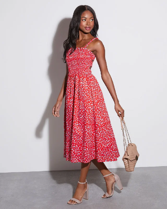 Betsey Smocked Floral Midi Dress Comfortable Casual Midi Dress