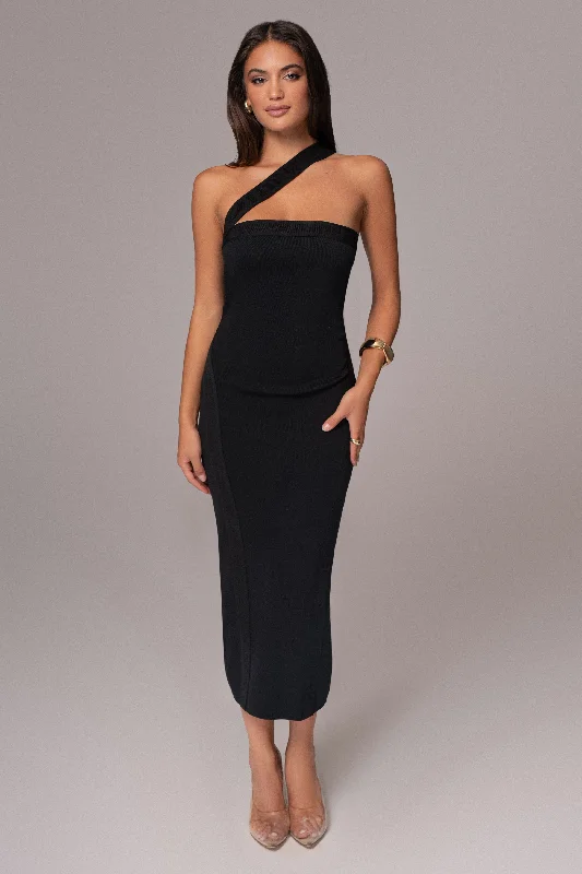 Black Ivone Asymmetrical Midi Dress Cozy A-Line Midi Dress