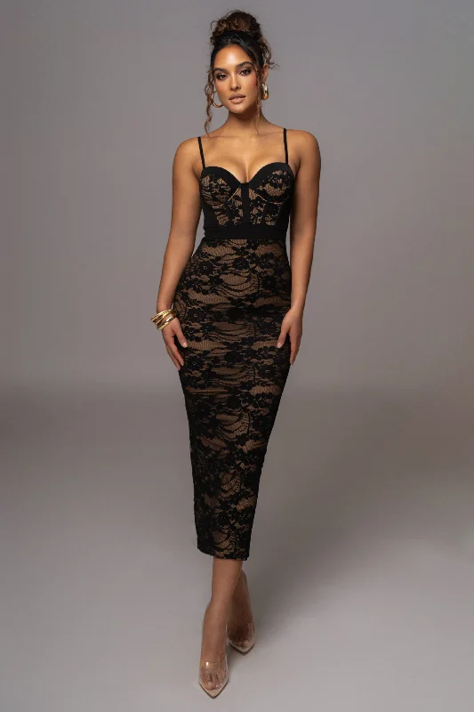 Black Mesh and Lace Bustier Midi Dress Elegant Floral Appliqué Midi Dress