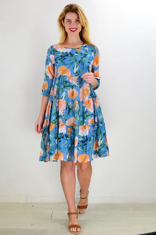 Blue Orange Floral Midi Dress Chic Bohemian Midi Dress