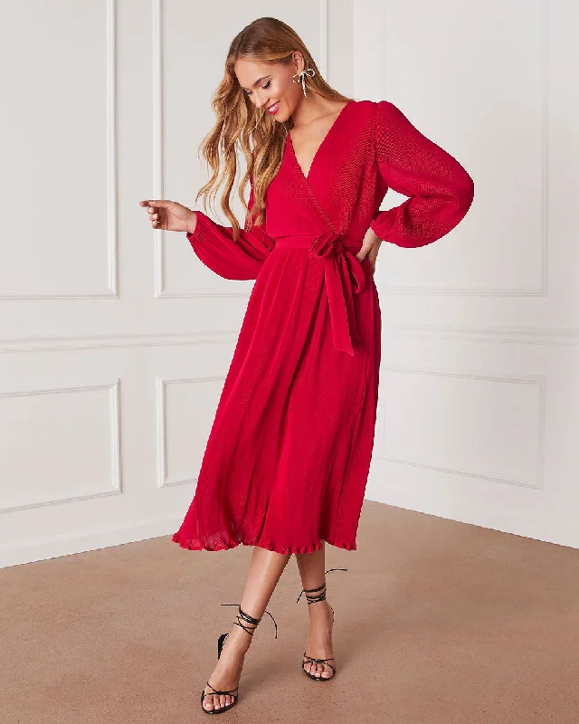 Camina Tie Waist Long Sleeve Midi Dress Elegant Pleated Sleeve Midi Dress