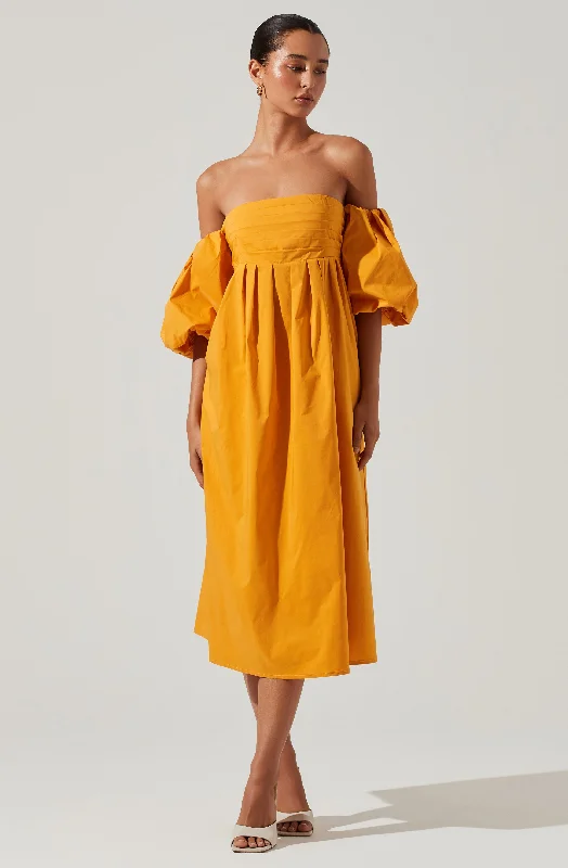 Carlin Off Shoulder Puff Sleeve Midi Dress Stylish Wraparound Midi Dress