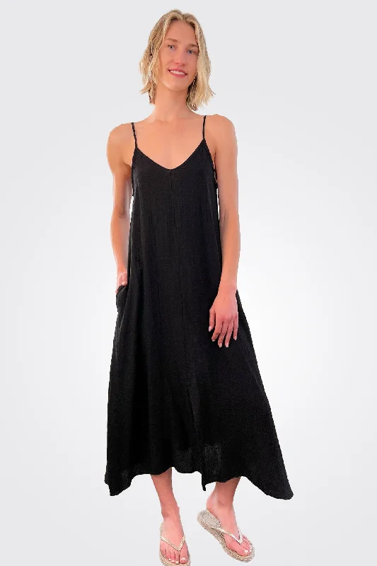 Center Seam Midi Dress - Black Cozy Wide Strap Midi Dress