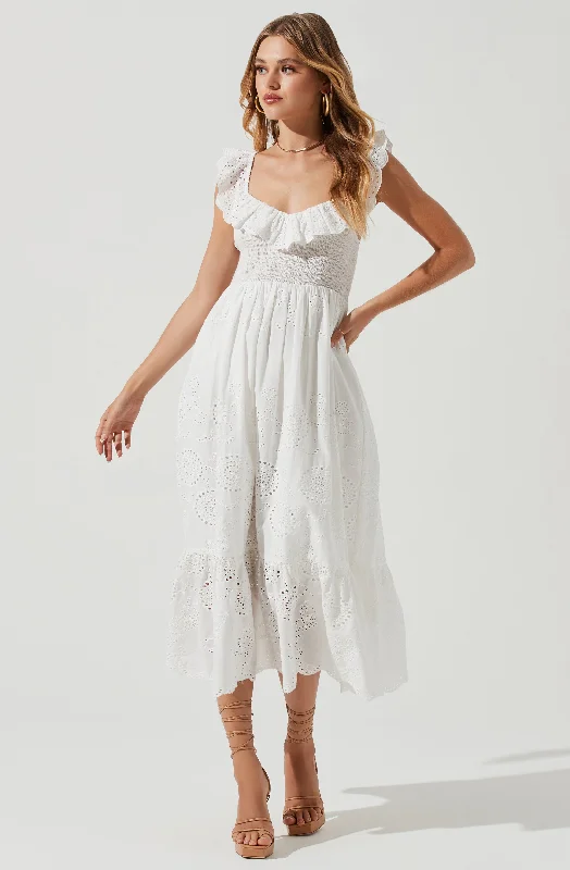 Cottage Eyelet Ruffle Midi Dress Chic Off-Shoulder Midi Dress