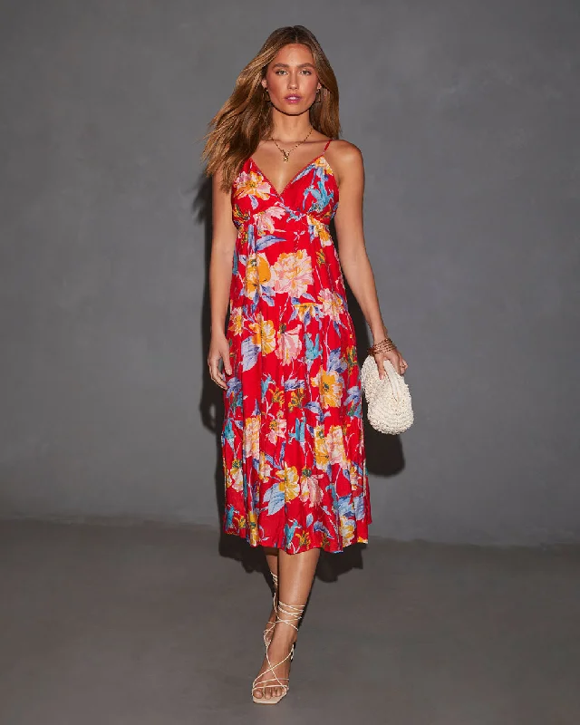 Cynthia Floral V-Neck Tiered Midi Dress Stylish Off-Shoulder Ruffle Dress