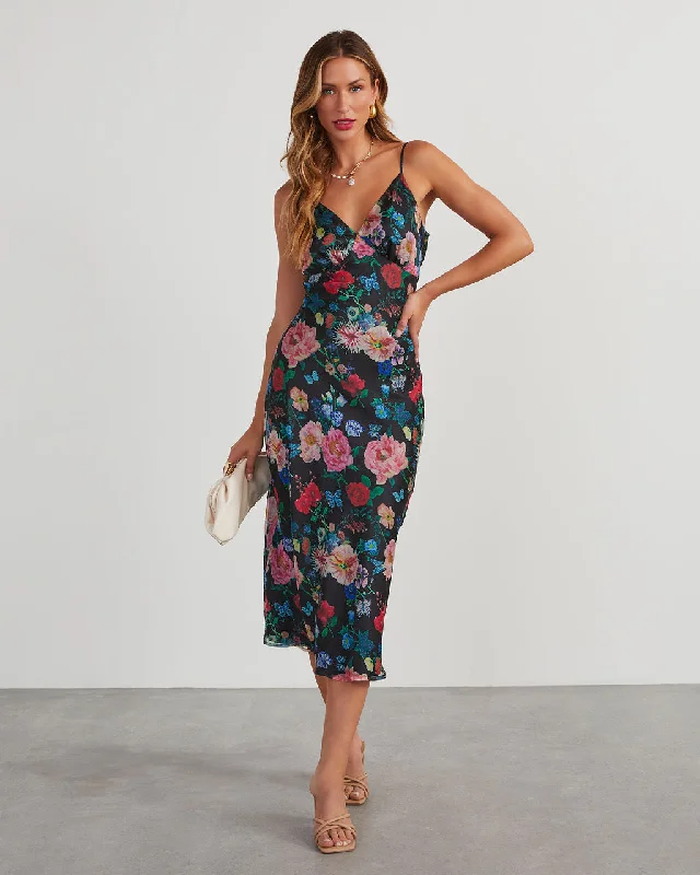 Don't Go Yet Slip Floral Midi Dress Stylish Off-Shoulder Ruffle Dress