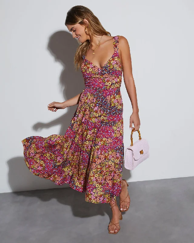 Free Spirited Ditsy Floral Midi Dress Comfortable Wrap Midi Dress