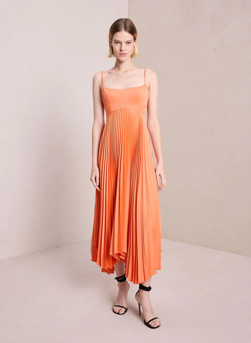 Hollie Satin Midi Dress - Vivid Orange Trendy Tiered Hem Midi Dress