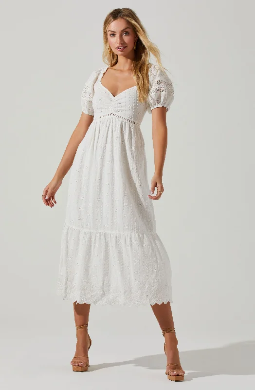 Itzel Eyelet Puff Sleeve Midi Dress Fashionable A-Line Midi Dress