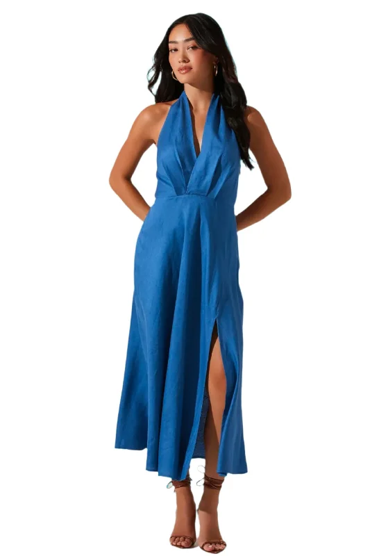 Keava Halter Midi Dress - Blue Cozy Spaghetti Strap Midi Dress