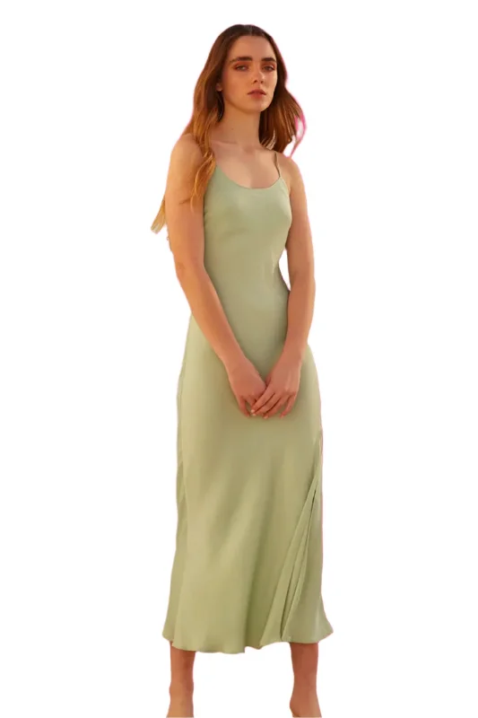 Lennon Midi Dress - Sage Green Elegant Satin Button Midi Dress