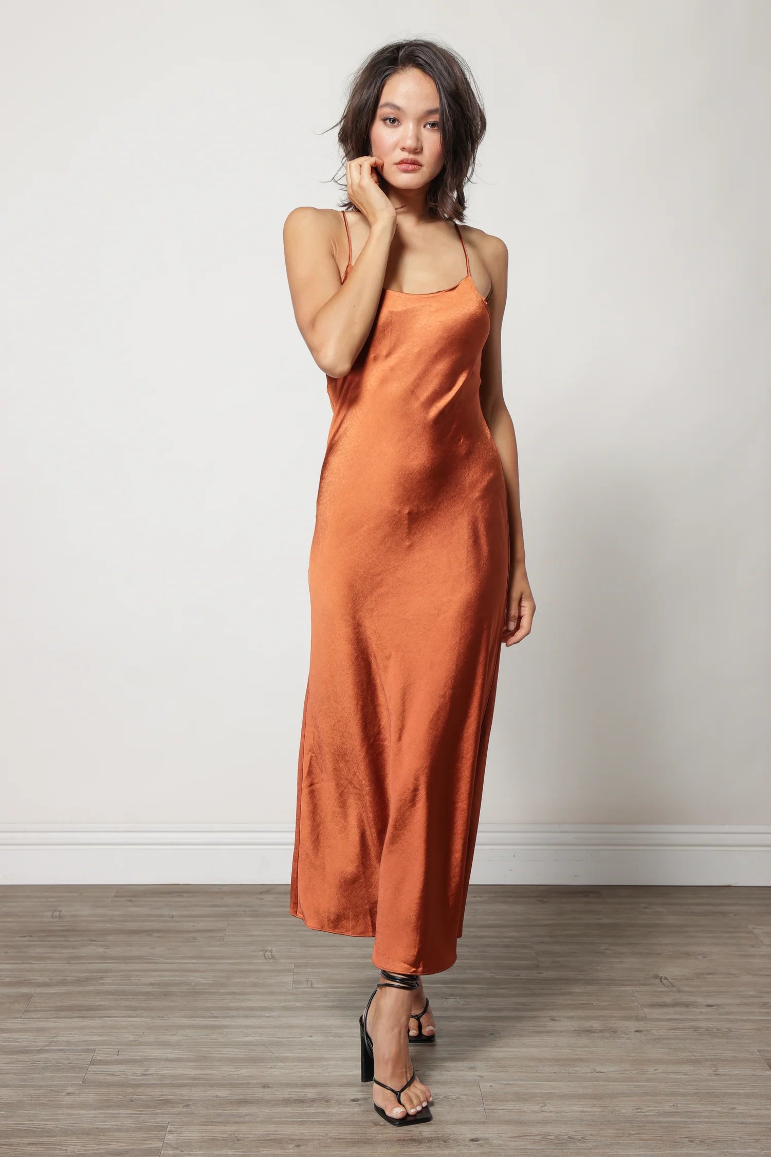 Makena Midi Dress - Rust Stylish Satin Midi Dress