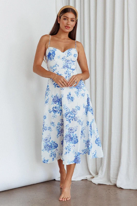 Mi Vida Sweetheart Neckline Midi Dress Floral Blue Fashionable High-Low Midi Dress