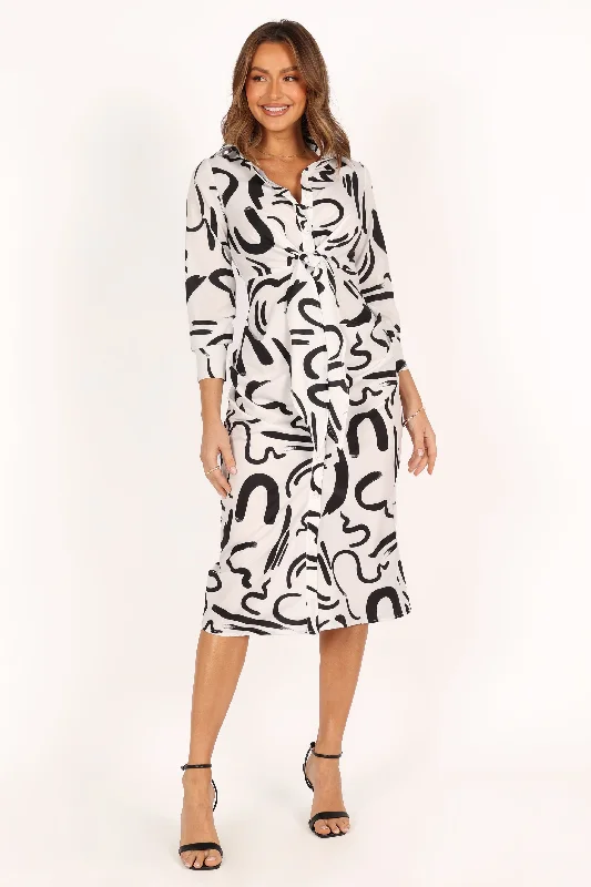 Minori Long Sleeve Midi Dress - White Black Fashionable Pleated Midi Dress