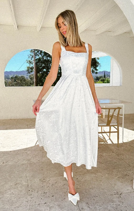 Nina Midi Dress ~ White Rose Satin Stylish Vintage Midi Dress