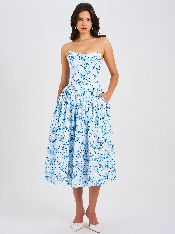 Paloma Blue Print Linen Corset Draping Top Midi Dress Fashionable Polka Dot Midi Dress