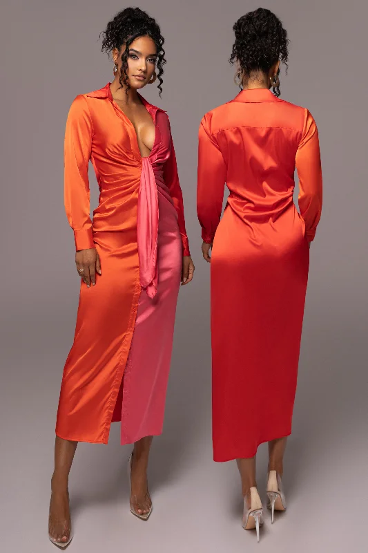 Pink Color Block Satin Midi Dress Comfortable Ribbed Midi Dress